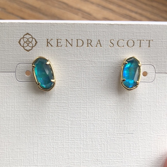 Kendra Scott Grayson Gold Plated Over Brass Stud Earrings With Teal Abalone NWT - Picture 2 of 14